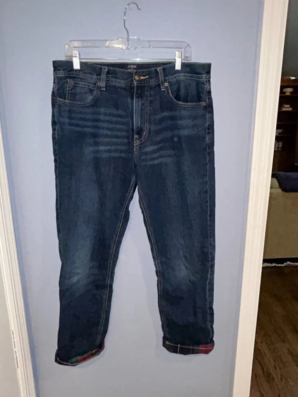 J. Crew The Sutton Flannel Lined Jeans, Men 33x32, dark wash, straight